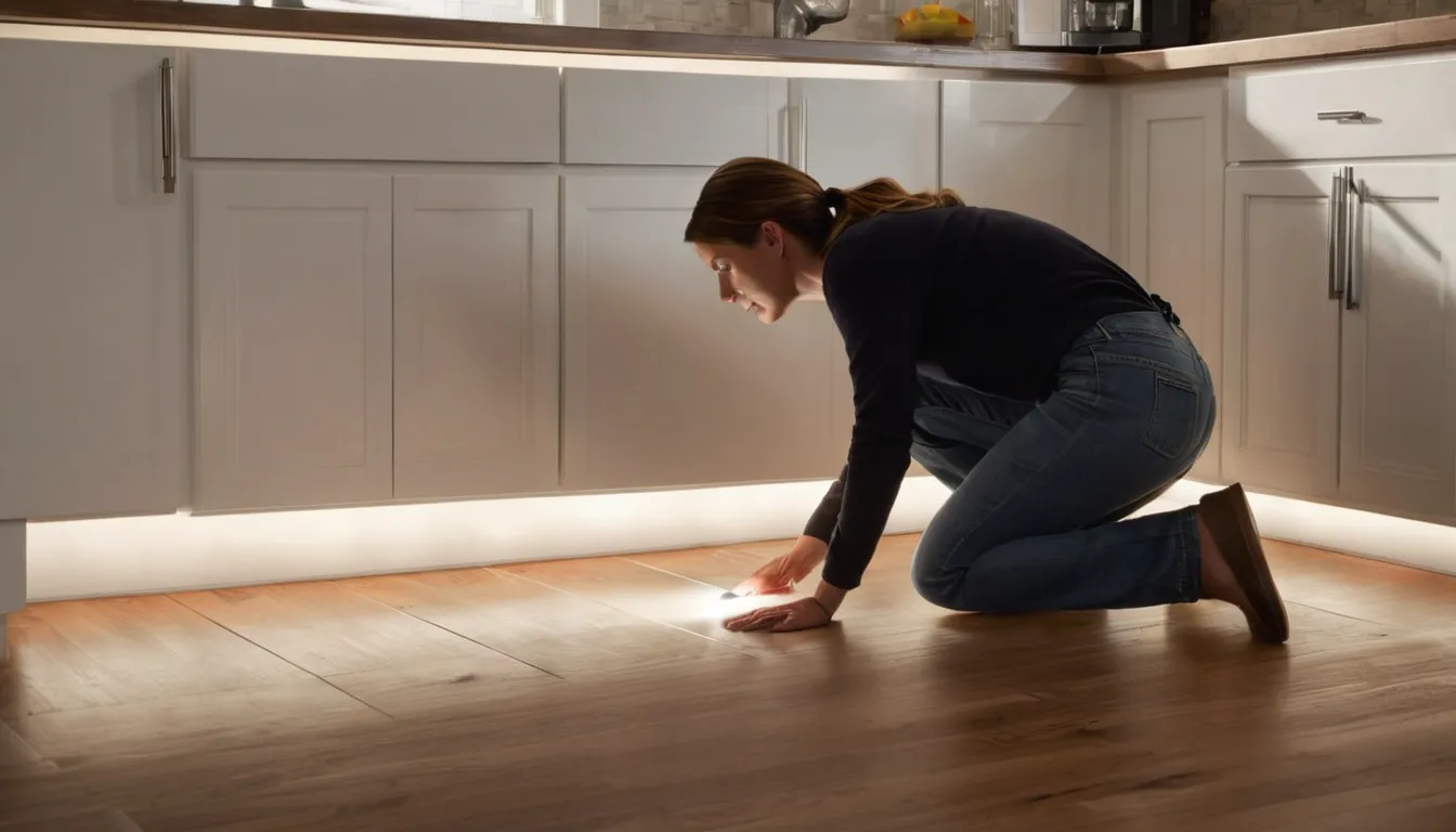 A provider checking a baseboard for ant trails inside a Hoover kitchen