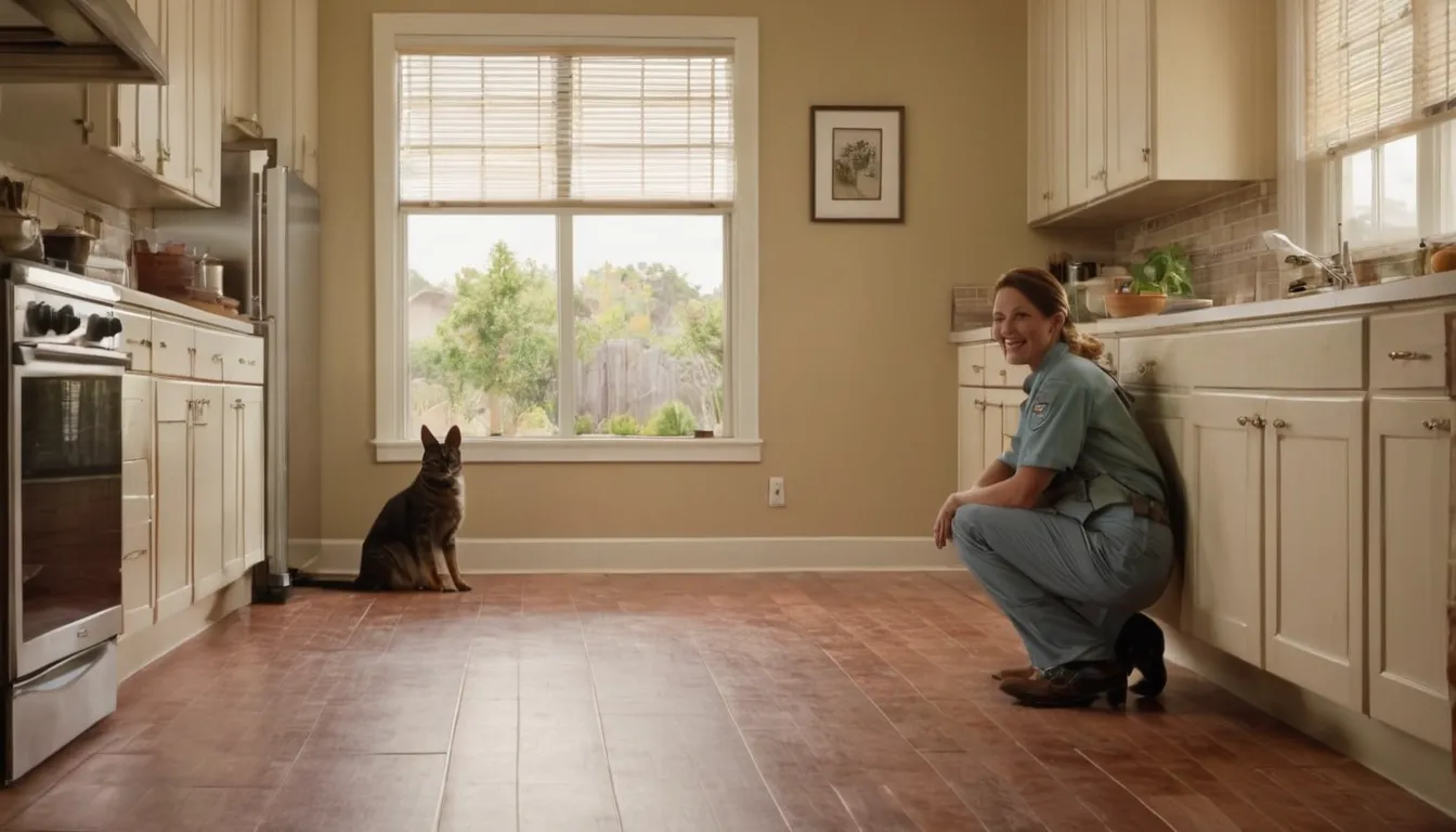 Pest control provider inspecting a kitchen baseboard in a Hoover home while a homeowner looks on